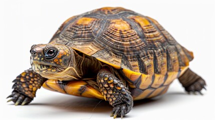 Fototapeta premium Side view of a turtle in full length, isolated on white background, clean and realistic wildlife image. 