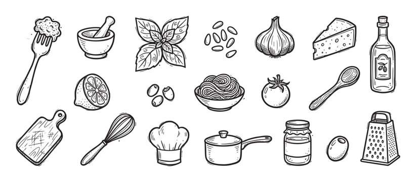 Hand-drawn set of cooking ingredients and utensils in a black and white doodle sketch style, featuring pasta, olive oil, cheese, garlic, basil, and various kitchenware icons