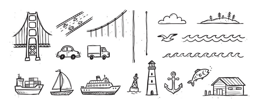Set of hand-drawn doodle illustrations depicting travel and nautical themes, including a suspension bridge, vehicles, various ships, a lighthouse, and sea life in a sketchy ink style