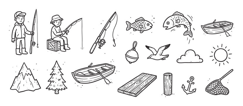 Hand-drawn black and white fishing illustration set with various elements like a fisherman, boat, fish, rod, anchor, and outdoor adventure icons in a simple doodle cartoon style