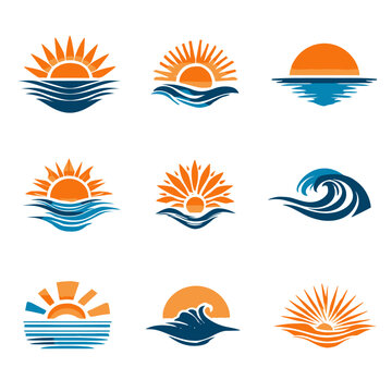 Set of diverse vector icons depicting sunrises and sunsets over ocean waves, ideal for travel, summer, beach, and tropical themes.