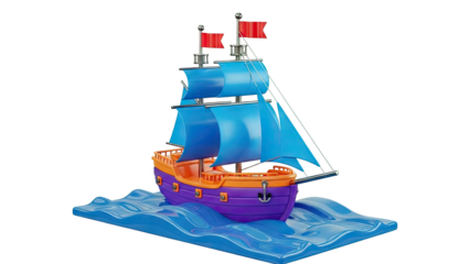 Cartoon Sailing Ship on Blue Waves