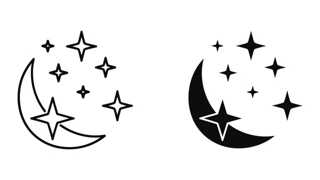 Crescent moon and stars icon set in black outline and solid style