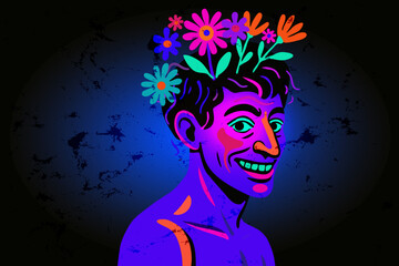 portrait of happy smiling whimsical man with wreath flower chaplet, black light neon glow style, mix emotion of creepy horror mystery , fantasy vector art 