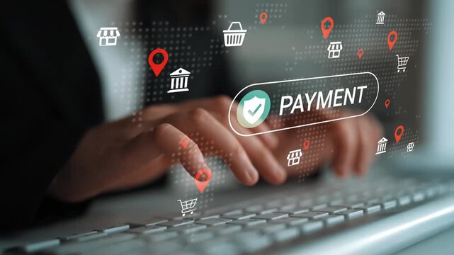Hands typing on keyboard with digital payment interface featuring icons and markers for shopping cart, location, and security in modern technology concept Gluon.