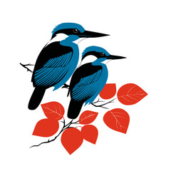 Stylized illustration of two vibrant blue and black birds perched on a branch with bright red leaves, isolated on white.