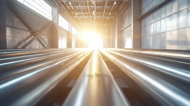 Industrial interior featuring parallel l pipes stretching into the distance, illuminated by bright light.