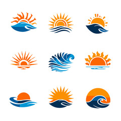 Obraz premium Set of nine abstract sun and ocean wave graphic designs, ideal for summer travel, resort, beach, or marine-themed logos and emblems.