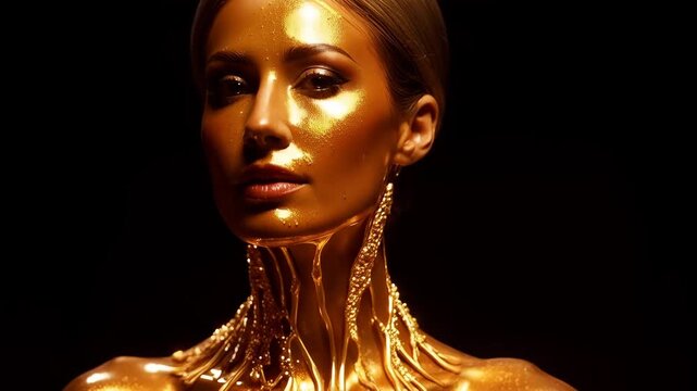 Portrait with skin of molten liquid gold dripping from jawline and solidifying. Realistic opulent elegant jewelry brand advertising, commercial.