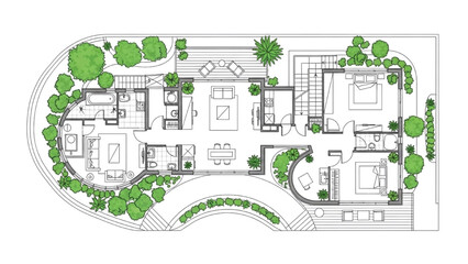High-quality black continuous line art of a modern resort bungalow floor plan with circular and square structures and greenery, luxury hospitality architecture illustration © Narmada