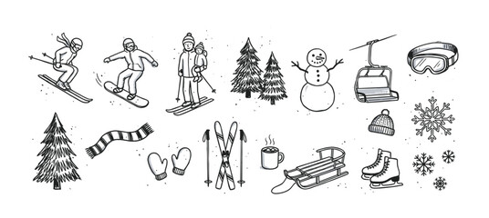Obraz premium Set of hand-drawn winter activity icons in a charming doodle style, featuring a skier, snowboarder, snowman, sled, ice skates, and other seasonal holiday elements