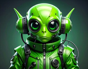 A cute, green alien in a futuristic suit and oversized headphones stares at the viewer, set against a gradient background