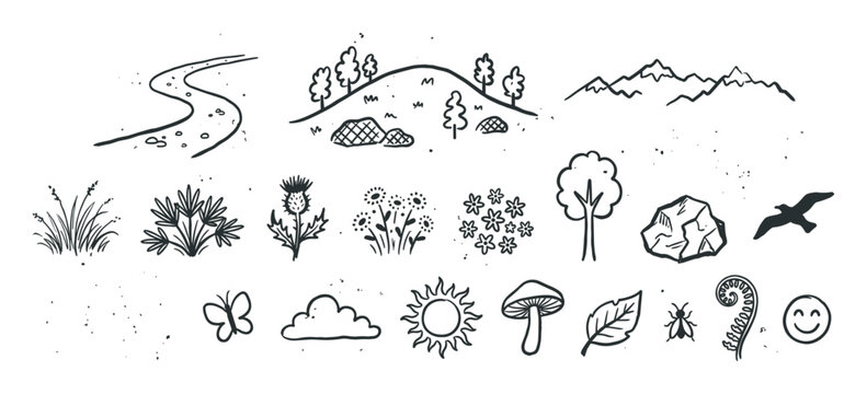 Collection of hand-drawn black nature doodles featuring a winding path, mountains, trees, flowers, and a bird, illustrated in a simple, rustic sketch style