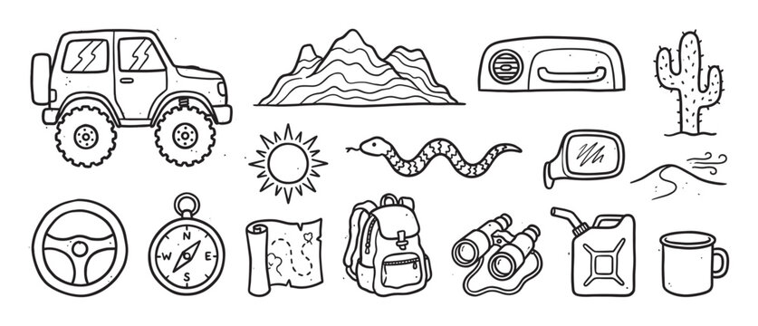 Hand-drawn black and white doodle icons set for adventure, travel, and safari themes, including an off-road car, compass, map, and backpack in a simple sketch style