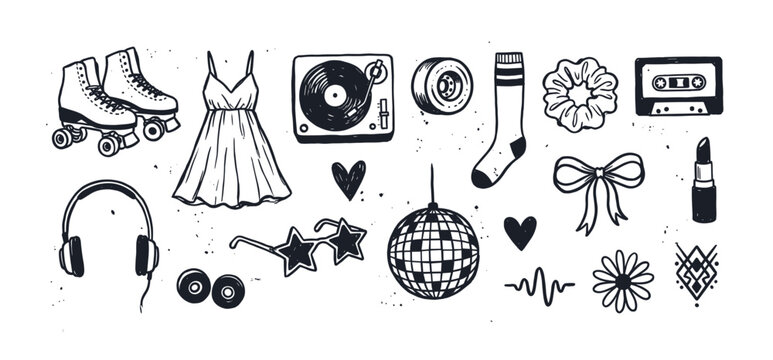 Collection of hand-drawn vintage doodle illustrations featuring a disco ball, roller skates, a cassette, and other nostalgic 80s party and fashion elements in a sketchy style