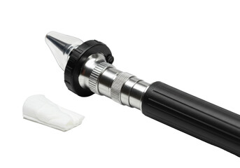Hyperrealistic macro shot of a medical otoscope featuring a matte black handle and reflective chrome silver head, isolated on white with soft shadowless light. Concept of clinical reliability