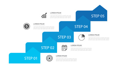 Blue infographic showing 5 steps stairs diagram to financial success and saving money.