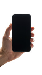 Hand holding smartphone isolated on transparent background