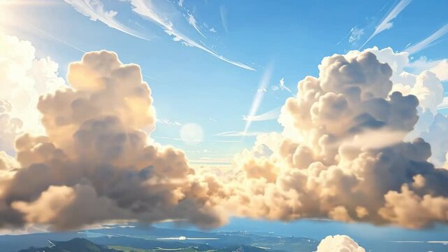 Serene sky panorama featuring f white clouds and soft blue hues, creating a peaceful atmosphere.