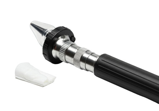 Hyperrealistic macro shot of a medical otoscope featuring a matte black handle and reflective chrome silver head, isolated on white with soft shadowless light. Concept of clinical reliability