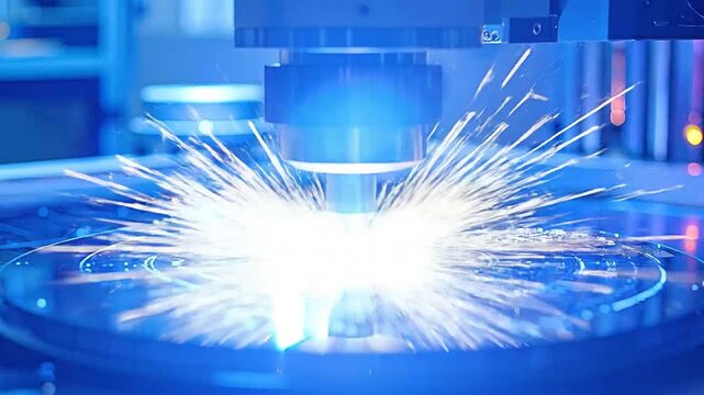 Precision laser cutting machine creating intricate patterns on a l surface with sparks.