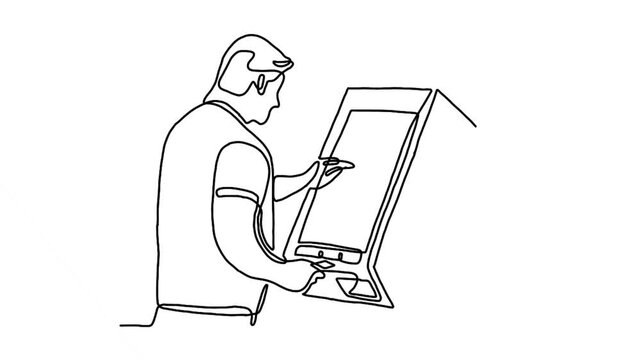 continuous line animation of man taking money from the ATM