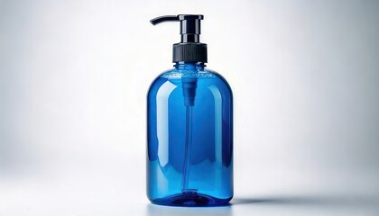 Blue Plastic Bottle with Black Pump Dispenser for Liquids.