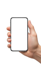 Hand holding smartphone isolated on transparent background