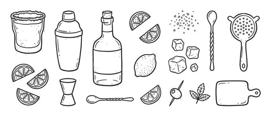 Hand-drawn cocktail making equipment and ingredients set featuring a shaker, jigger, glass, lemon, and ice cubes in a black and white doodle illustration style
