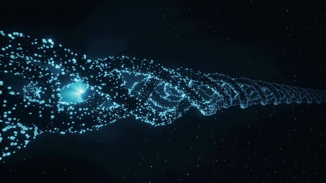 Glowing blue particle DNA double helix twisting in dark space, futuristic science and genetics background