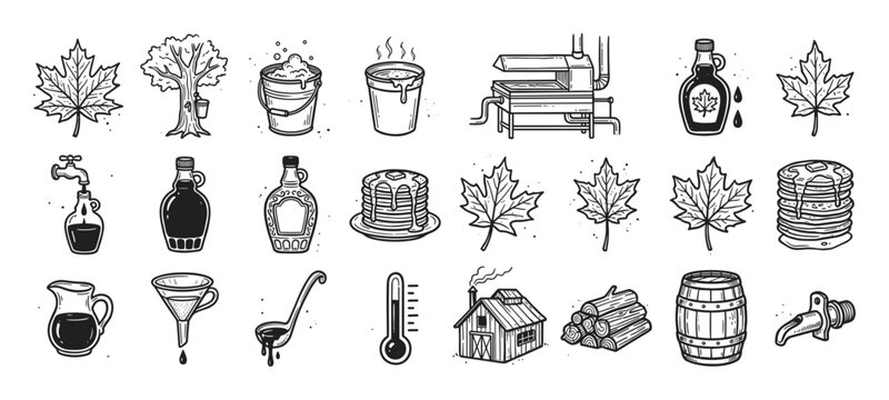 Collection of hand-drawn maple syrup icons in a vintage engraved style, featuring a sugar shack, pancakes, bottles, leaves, and production equipment for a classic rustic feel