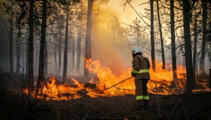 Brave firefighter battling a raging forest fire with determination.