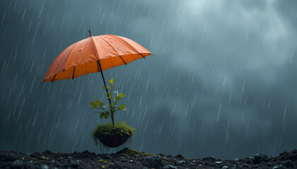 Small Plant Protected by Umbrella in Rain Symbolizing Care and Protection