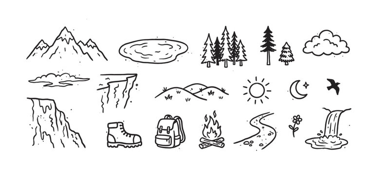Hand-drawn black line art doodle icons representing camping, hiking, and nature, including a mountain, forest, backpack, boot, campfire, sun, moon, and waterfall elements