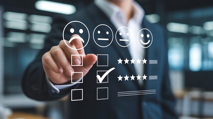 Businessman reviews customer feedback, selecting a positive rating with stars and a smiley face on a digital interface.