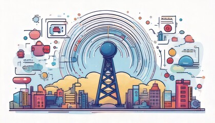 Cityscape with Communication Tower and Digital Network Illustration.