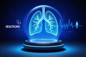 Glowing blue human lungs displayed on futuristic pedestal with medical data anatomy
