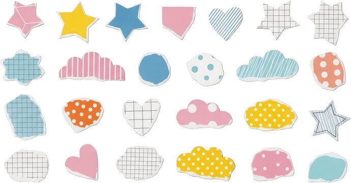 Collection of assorted decorative paper scraps featuring stars hearts clouds and various textured shapes with ripped edges in pastel tones decoration sticker tear colorful transparent background