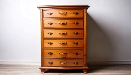 Classic Wooden Dresser with Multiple Drawers Against White Wall.