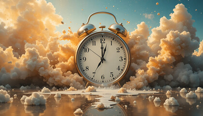 Vintage Alarm Clock Floating in Clouds Representing Time and Dreams