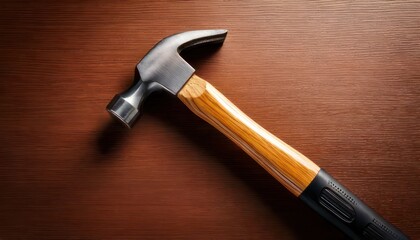 Close-up of a claw hammer on a wooden surface.