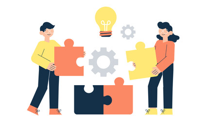 A man and a woman working together to assemble puzzle pieces around a central gear and light bulb