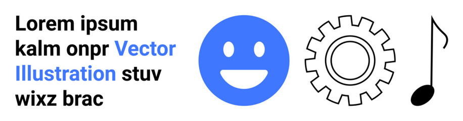 Fototapeta premium Digital design, online content, technology integration, creative multimedia, branding, user interfaces. happy face, gear and musical note with text. Digital design and online content concepts