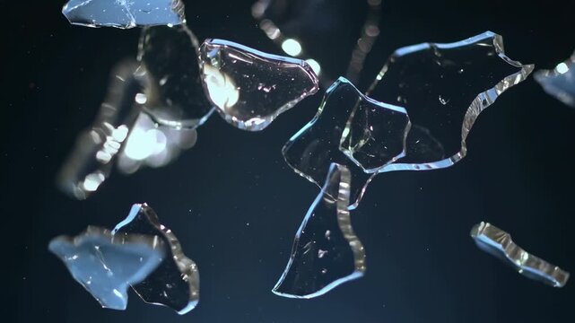 Slow motion floating broken glass shards with sparkling reflections on dark background, macro close-up