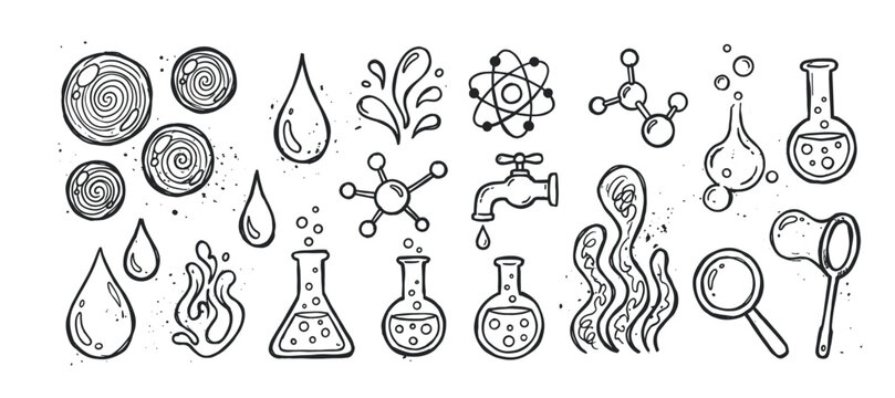 Set of hand-drawn science and water icons in a black and white doodle style, featuring laboratory flasks, molecules, atoms, liquid drops, and a magnifying glass for educational concepts