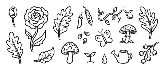 Fototapeta premium Black and white hand-drawn nature illustration set with a rose, mushrooms, oak leaves, butterfly, watering can, and other cute gardening doodles in a simple sketch style