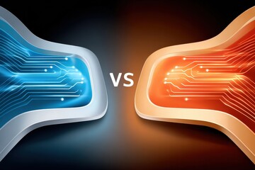 Blue versus orange circuit showdown: glowing technology duel with digital circuitry in the center