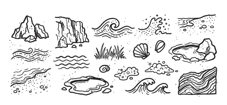Hand-drawn black and white beach doodle set with various coastal elements like rocks, ocean waves, seashells, and cliffs in a minimalist sketch style illustration
