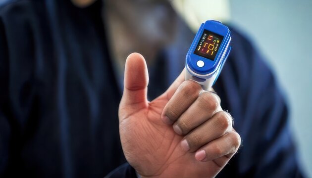 Close-up of a finger pulse oximeter on a finger.