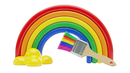 Paintbrush Coloring a Rainbow with Yellow Clouds